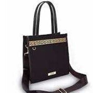 Versace Fragrances Black Canvas Tote Bag Gold Greek Key Greca Strap 2023919